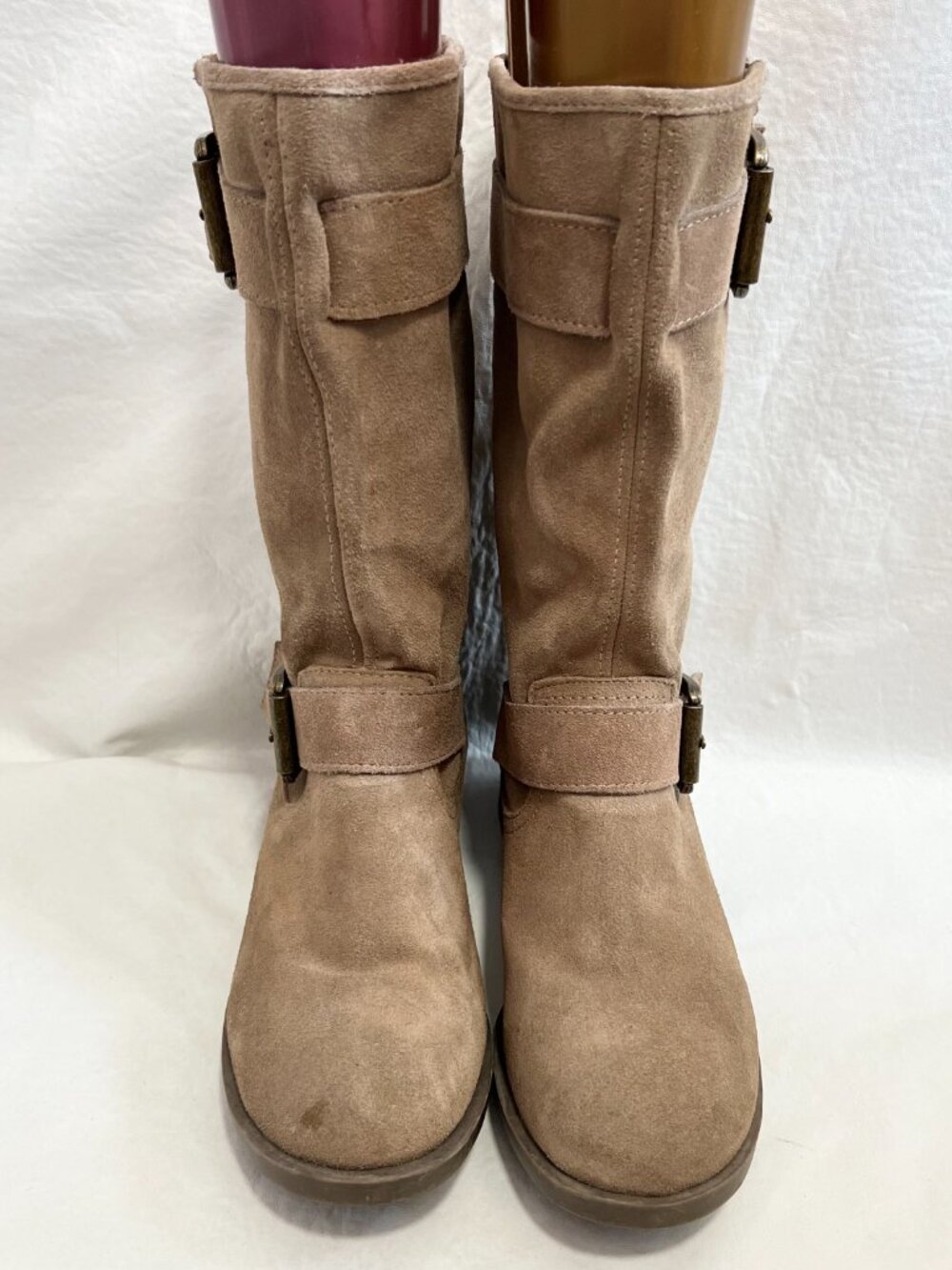 Skechers boots beige tan suede Lunacy womens 10 moto biker mid calf pull on - Picture 2 of 10